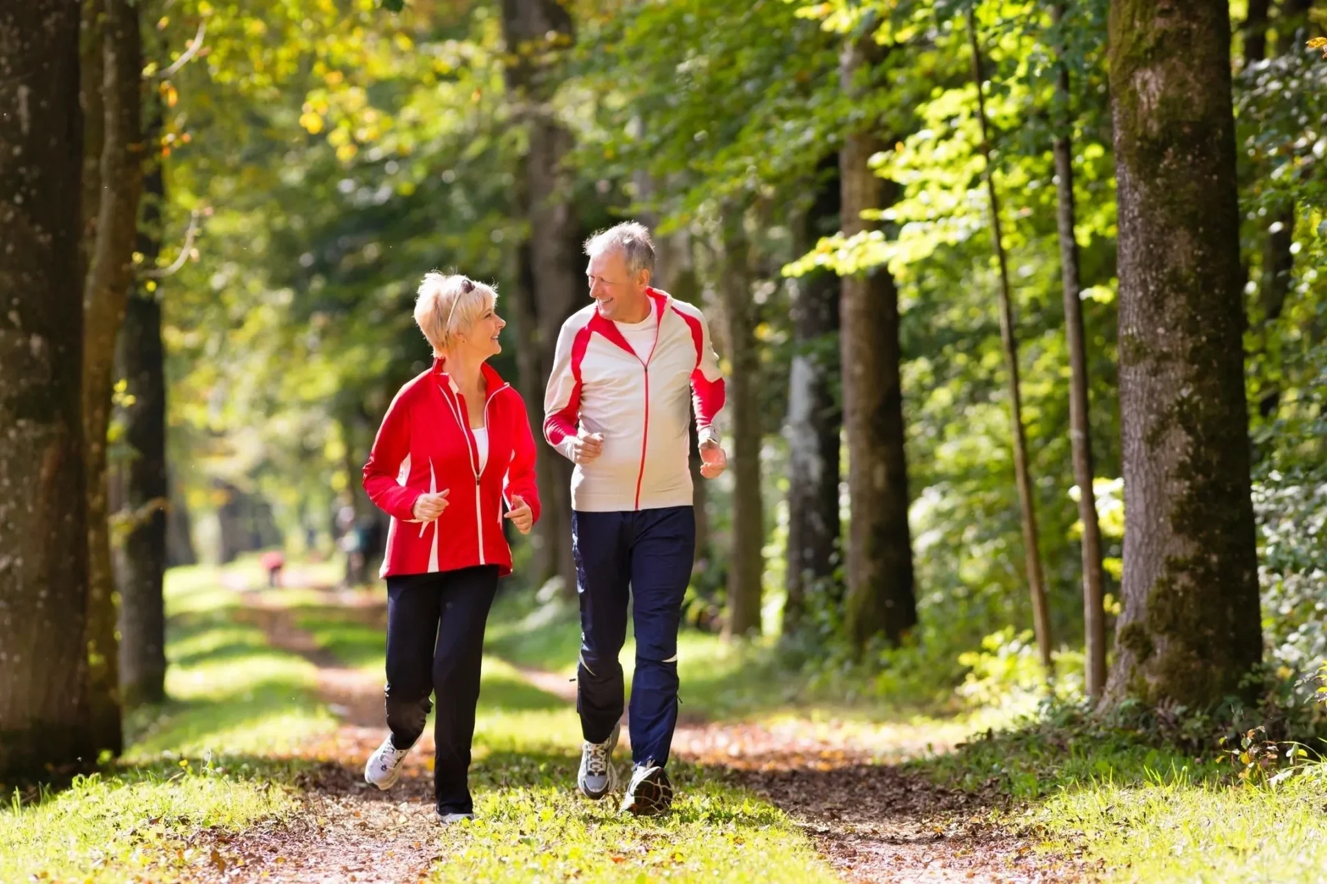 Two people walking on a path in the woods.